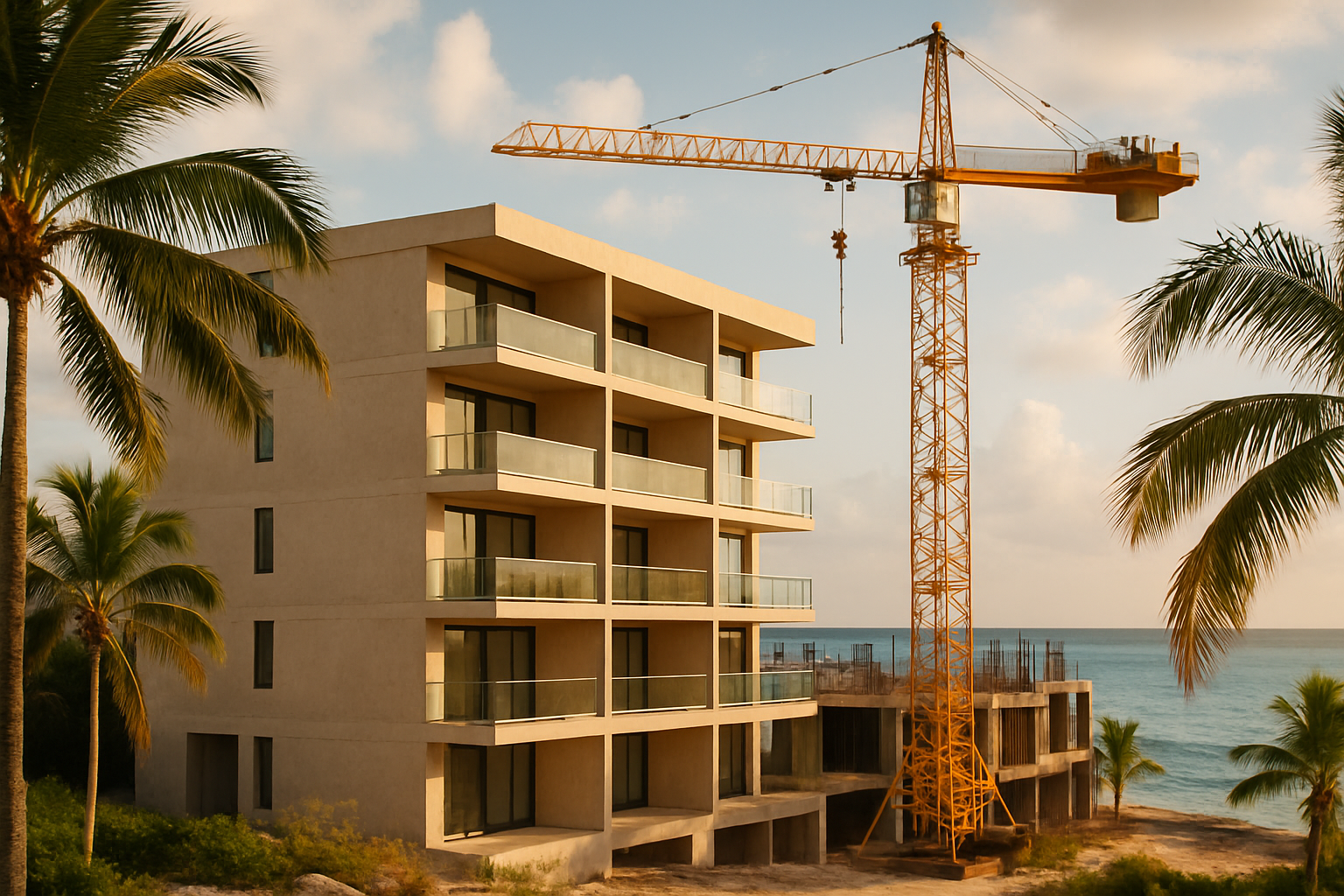 A tower crane over a building under construction, representing Cozumel developments and investment