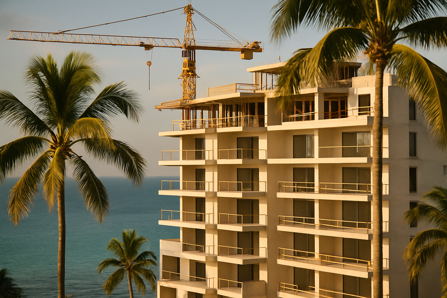 Modern beachfront condos in Cozumel with turquoise waters, palm trees, and Americans enjoying the vibrant resort lifestyle, highlighting the appeal of investment properties.