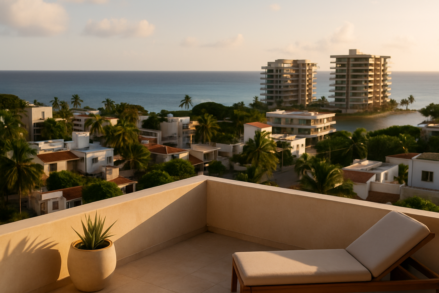 Aerial view of Cozumel coastline featuring vibrant condos and villas facing the turquoise Caribbean Sea, sunlit under a clear sky.