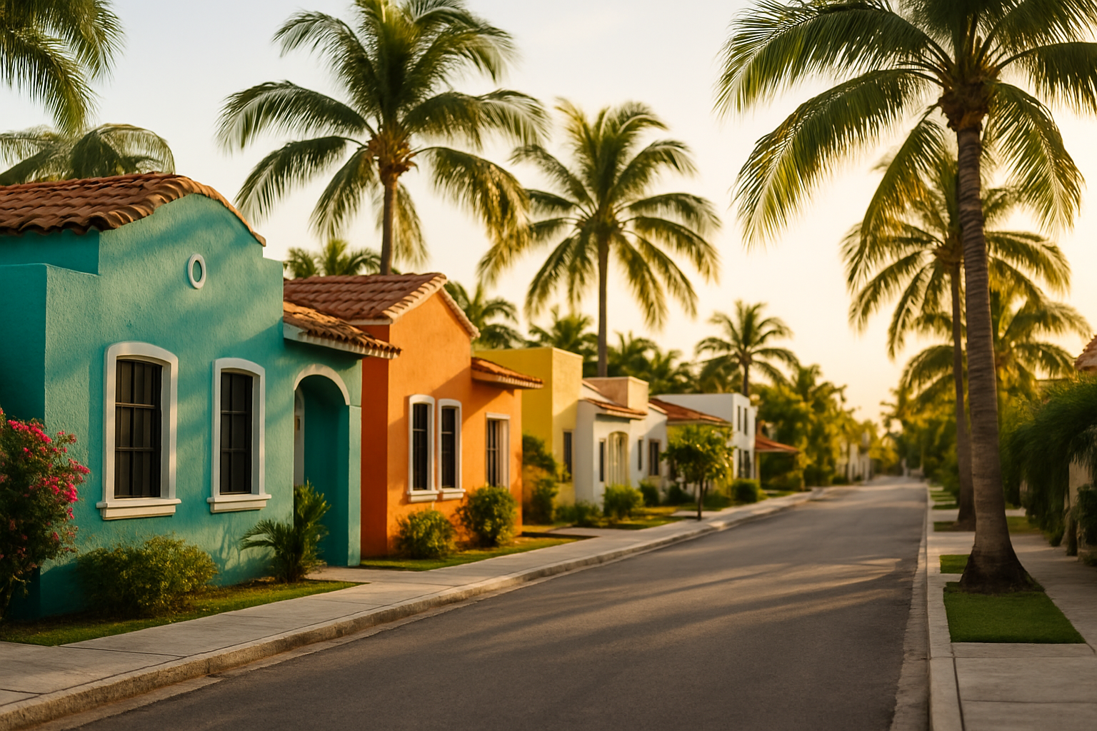 Aerial view of expats enjoying sunny day in Cancun's vibrant beachfront community, with modern apartments, palm trees, and the turquoise Caribbean Sea.