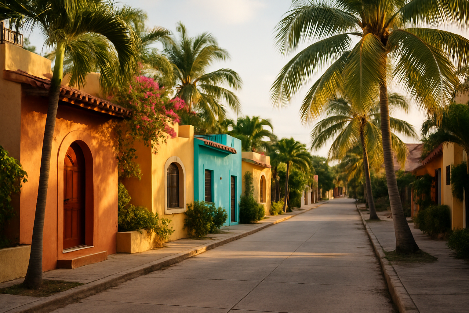 A relaxed couple enjoying breakfast on a sunlit balcony overlooking the palm-lined streets and turquoise waters of Playa del Carmen, with modern apartments and local markets visible nearby.