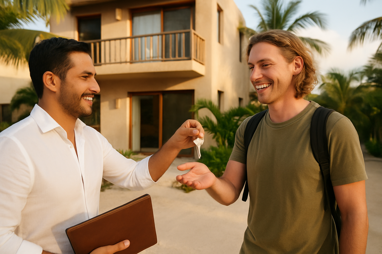 A foreign renter reviews a bilingual rental contract with a local agent at a sunlit Tulum apartment, with documents and keys visible.