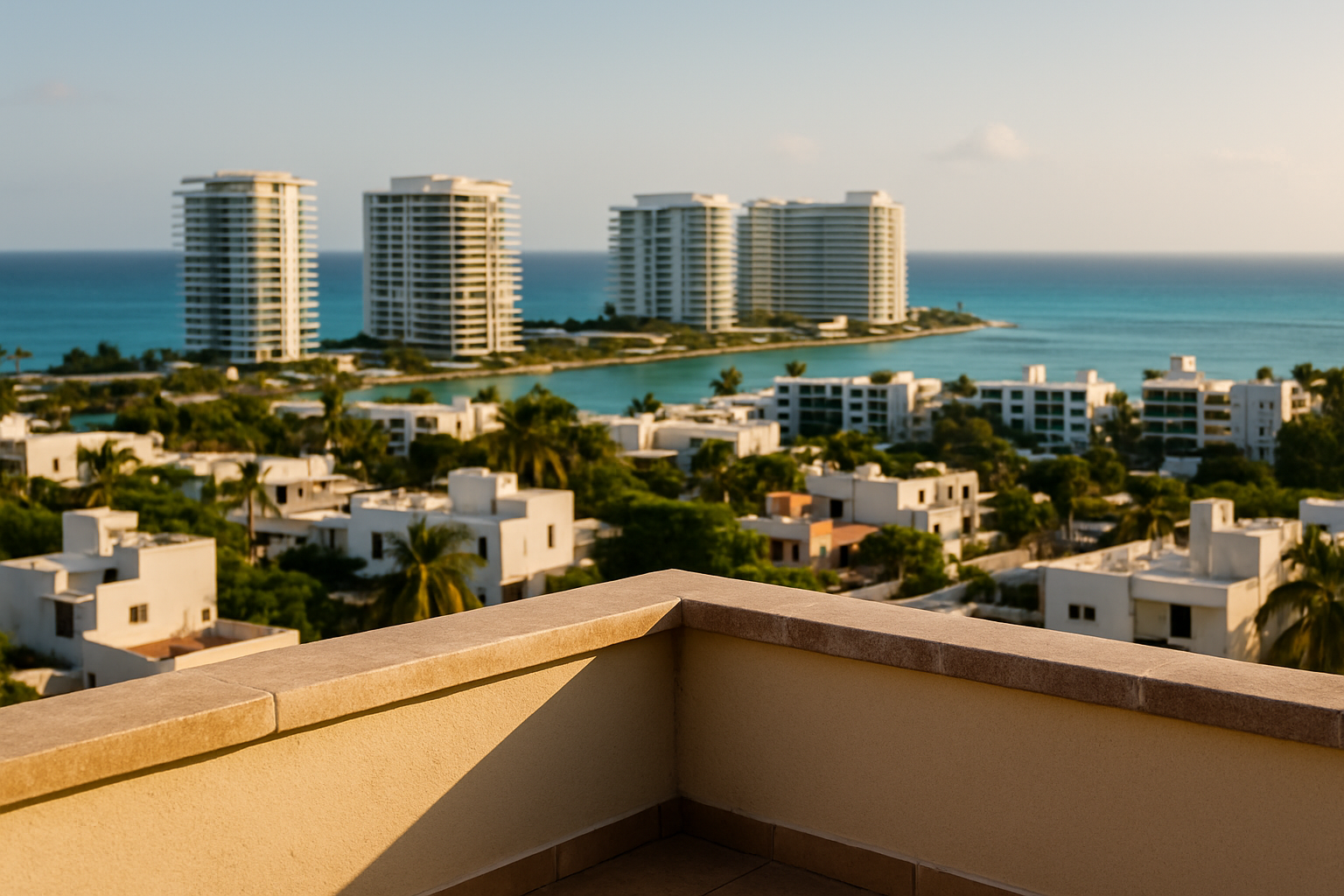 Cancun real estate with currency exchange symbols highlighting dollar to peso conversion in a modern beachfront setting, visualizing increased buying power for North American buyers in 2026.