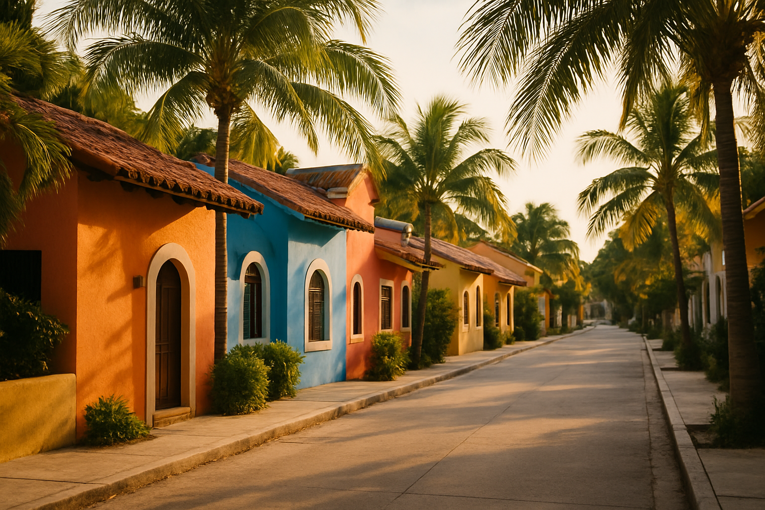 A sunny Playa del Carmen street scene with Canadians enjoying local cafes, palm trees, and colorful architecture. 
